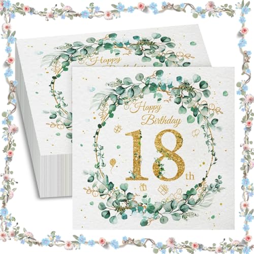 Frundoo Servietten 18. Geburtstag Mann Frau, Tischdeko Geburtstagsservietten Eukalyptus Papierservietten Jubiläumsdeko 18. geburtstag Frau Mann ServiettenGeburtstag 40 Stück von Frundoo
