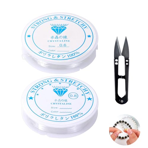 Elastischer Schmuckfaden Transparent 2 Rollen (0.6 & 0.8mm) Reißfester Nylonfaden mit Schere für Perlenarmbänder Schmuck von Frypay