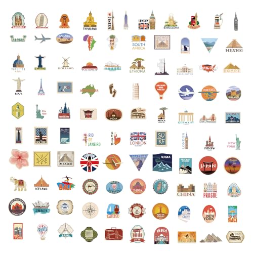 Fsahiuf Weltreise Aufkleber Set, 100 Stück, Vintage-Stil Reiseländer Sticker für Koffer, Laptop, Gepäck,Koffer Aufkleber,Travel Sticker von Fsahiuf