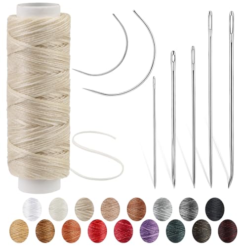 30 Meter gewachstes Garn mit Leder-Handnähnadeln, 150D flaches Nähgarn, gewachstes Garn und Leder-Reparaturnadeln für Zuhause, Polsterung, Teppich, Leinwand-Reparatur (Beige) von Ftyiwu