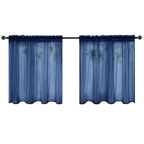 Fudaiki 2er-Set Transparente Vorhänge mit Kräuselband Oben für Schlafzimmer und Wohnzimmer – Lichtdurchlässige, einfarbige Voile-Vorhänge, Fensterdekorationen Marineblau 132x46cm von Fudaiki