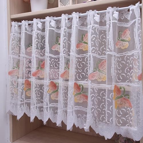 Devola Landhausstil Scheibengardine transparent Spitze Kurzgardine Romantisch Schmetterlings-Muster Bistrogardine Küche Vorhänge Elegant Cáfe Gardine Moderne Fensterschal BxH 200x60cm Weiß 1er Pack von Devola