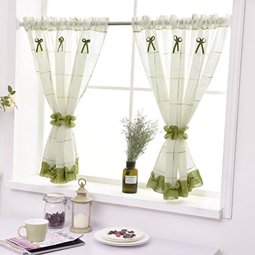 Devola Pastorale Art Scheibengardine Landhausgardinen Vorhang Leinen-Garn Kurzgardine Transparent Gingham Bistrogardine mit Raffbänder Design Küche Gardine HxB 120x130cm Grün 2 Stück von Fuer