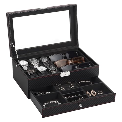 Fuhjythy Uhrenbox, Herren-Schmuckschatulle mit 6 Fächern und 3 Schlitzen, Sonnenbrillen-Organizer, 2 Ebenen, abschließbarer Uhrenhalter Fuhjythy Uhrenbox, Herren-Schmuckschatulle mit 6 Fächern und 3 Schlitzen, Sonnenbrillen-Organizer, 2 Ebenen, abschließbarer Uhrenhalter von Fuhjythy