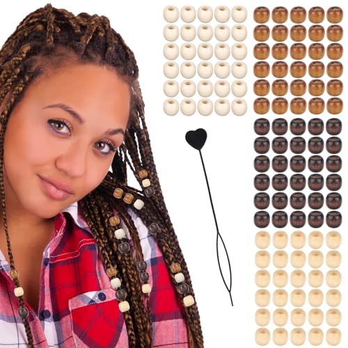 120stk Holzhaarperlen, 4 Farben 1,2x1cm Großem Loch Holzperlen mit Haareinfädler für Zöpfe und Dreadlocks Schmuckherstellung DIY-Bastelzubehör für Damen und Herren von Fukaisu