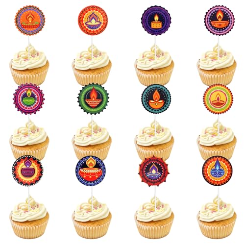 24 Stück Diwali Cupcake Topper, Happy Diwali Diyas Kuchen-Dessert-Topper Cupcake-Picker Indisch Lichterfest Geburtstag Deepavali-Party-Dekorationen Zubehör von Fukaisu