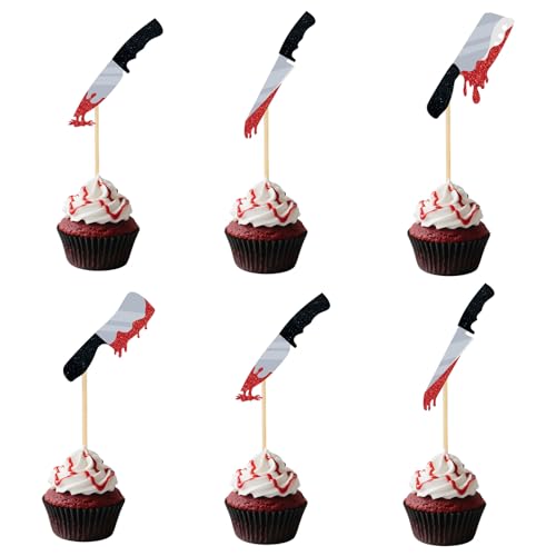 24 Stück Halloween Cupcake Topper, Glitzer Horror Blutmesser-Cupcake-Picker Killer-Geburtstagskuchen-Dekorationen für Halloween-Party Thema Geburtstagszubehör von Fukaisu