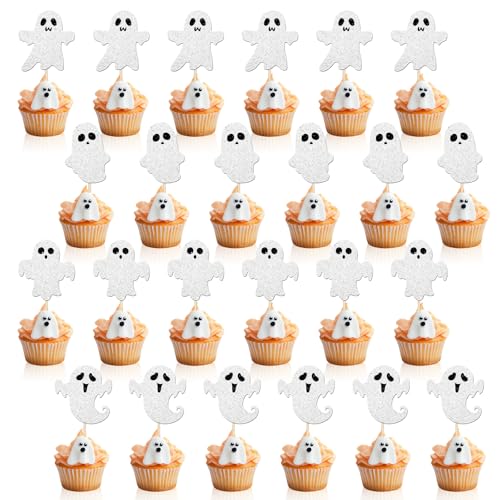 24stk Halloween-Geister-Cupcake-Topper, Weiße Glitzernde Geister-Cupcake-Picker Kuchenaufsatz-Dekoration Kuchen-Picker für Halloween-Themen-Geburtstags-Babyparty-Party-Zubehör von Fukaisu
