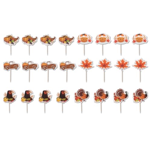 24stk Teiliger Cupcake-Topper für Thanksgiving, 6 Stile Herbst-Kuchendekoration mit Kürbis-Truthahn-Ahornblatt-Design für Thanksgiving von Fukaisu