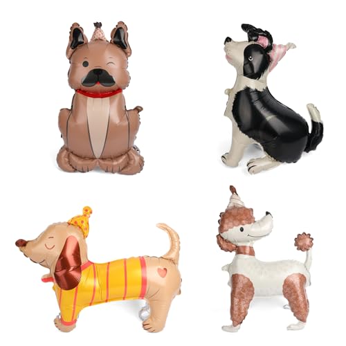 4stk Hunde-Luftballons, Niedliche Hunde-Motiv Geburtstagsfeier-Dekoration Welpen-Folienballons Aus Mylar Schäferhund Pudel Bulldogge Dackel-Dekor für Haustier-Party-Zubehör Baby-Shower von Fukaisu