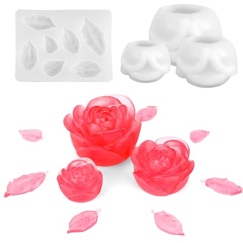 4stk Rosen Kerzenformen, 3D-Rosenblüten-Silikonformen mit Blattform für Die Kerzenherstellung und Epoxidharz-Bastelarbeiten (Groß, Mittel, Klein) von Fukaisu