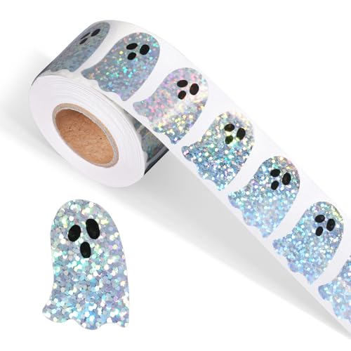 500 Stück Halloween Geist Aufkleber Rolle, Irisierende Niedliche Geister Sticker Wasserdicht Selbstklebend Holografische Deko für Umschläge Scrapbook Partygeschenke von Fukaisu