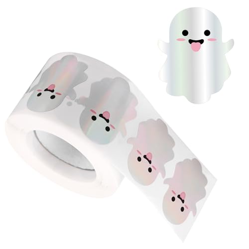 500 Stück Halloween Geister Aufkleberrolle, Holografischer Glitzernder Aufkleber Süße Geister Aufkleber für Umschläge Tagebuch Halloween Party Dekoration von Fukaisu