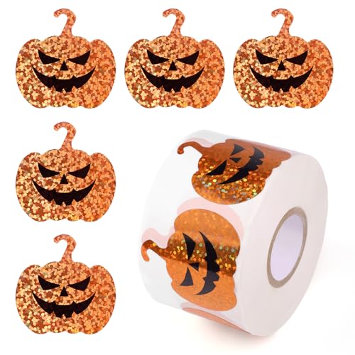 500 Stück Halloween Kürbis Aufkleber, Selbstklebende Holografische Kürbis Aufkleber Dekoration für Halloween Party Dekor Geschenkverpackungen Umschläge Sammelalben Tagebücher von Fukaisu