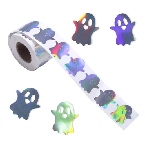 500stk Halloween Geister Aufkleberrolle, Glitzernde Geister Sticker Holografische Aufkleber Wasserfest Selbstklebend für Halloween Partys Umschläge und Scrapbook Dekoration von Fukaisu