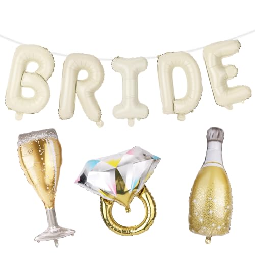 Bride Balloons Set, 40,64 cm Großes Beige-Brautballonbanner mit Tasse Diamantring und Bierflasche für Junggesellinnenfeiern Verlobungen und Hochzeiten von Fukaisu