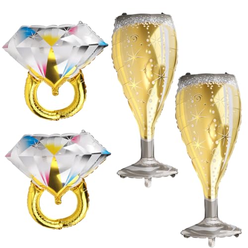 Fukaisu 4 Stück Diamantring und Champagnerglas-Folienballons, Braut-Ballons für Junggesellinnenabschied, Hochzeit, Verlobung, Dekorationen für Geburtstag, Jahrestag, Party, Feier, Zubehör von Fukaisu