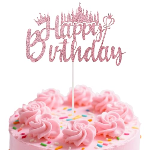 Fukaisu Prinzessinnen-Geburtstagskuchenaufsatz, Rosa Glitzerkrone Happy Birthday Kuchendekor für Frauen und Mädchen Babyparty und Themenpartys von Fukaisu