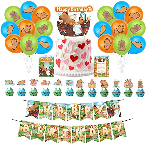 Fukamou Partyset Capybara Thema Geburtstag, Enthält 15 Fahnen, 2 Seile, 13 Tortenaufsätze, 18 Luftballons Und 10 Einladungskarten von Fukamou