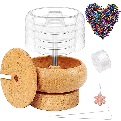 Fulenyi Holzperle Spinner, Perlensets mit Garnspulenaufwickler, Edelsteinwerkstatt Perlenlader Paket mit Edelstahlnadeln und 1000 Taillenperlen Perlengeräte-Set für Handwerks-Saatperlenzubehör von Fulenyi