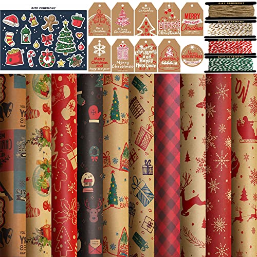 FullJoyHut Geschenkpapier weihnachten Set, 10 Blatt Kraft Recyceltes Weihnachtspapier 70x50CM, 10 Geschenkanhänger, 4 Rollen Packseil Juteband Rollen Jute Schnur Metallisch für Geschenkverpackung FullJoyHut Geschenkpapier weihnachten Set, 10 Blatt Kraft Recyceltes Weihnachtspapier 70x50CM, 10 Geschenkanhänger, 4 Rollen Packseil Juteband Rollen Jute Schnur Metallisch für Geschenkverpackung von FullJoyHut