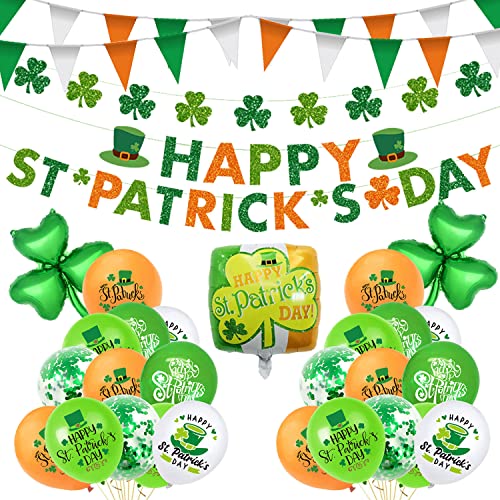 FullJoyHut St. Patrick's Day Party Dekoration Set mit Banner, Wimpelkette, Kleeblattgirlande, Konfetti Grün-Weiß Luftballon, Kleeblatt Aluminium Folienballon Dekorationen für Partydekorationen von FullJoyHut
