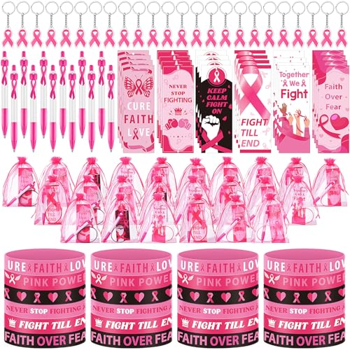 Fullhawl 120-teiliges Geschenk-Set für Brustkrebs-Bewusstseins-Stifte mit rosa Schleife, Silikon-Armbänder, Lesezeichen, Schlüsselanhänger, rosa Organza-Beutel für Büro, öffentliche von Fullhawl