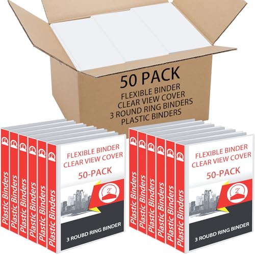 Fulmoon 50 Stück 3-Ringbücher mit 2 Innentaschen, rund, weich, flexibel, für 175 Blatt, mit transparentem Einband, für Büro, Schule (Weiß, 5,1 cm) von Fulmoon