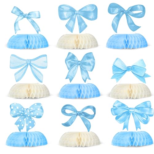 Fulmoon Tischdekoration mit Schleife, Wabenmuster, 9-teiliges Set, 3D-Tischdekoration, Kokette, Geburtstagsparty-Dekorationen für Babyparty, Mädchenzubehör (blau) von Fulmoon