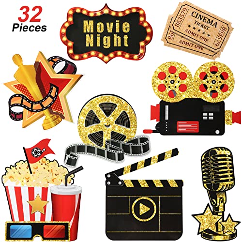 32 Stück Filmabend Party Ausschnitte Film Party Dekorationen Kit Doppelseitiger Druck Golden Schwarz Papierkarten Roter Teppich Schindeln Filmtickets Filmrolle Dekor für Filmabend Party Supplies von Fumete