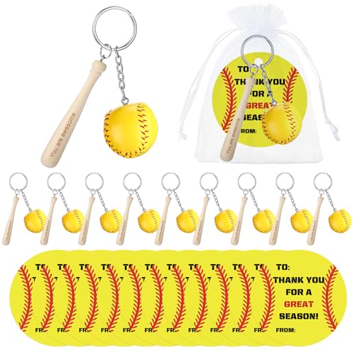 Fumete 12-teiliges Set mit Sport-Partygeschenken, Sport-Schlüsselanhänger, Team-Geschenke, Dankeskarten, Organza-Beutel, Sport-Partyzubehör (Softball) von Fumete