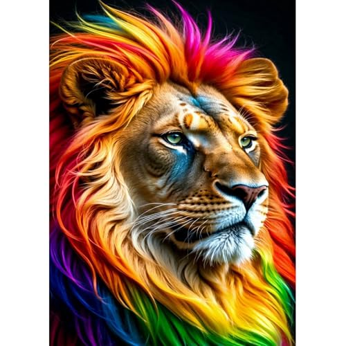 Fumupe 5D Diamond Painting Bunter Löwe Erwachsene Anfänger, Tier Diamant Painting Bilder DIY Runder Vollbohrer Diamant Malerei Stickerei Set Kreuzstich Bilder Home Wand Dekor, 30x40cm von Fumupe
