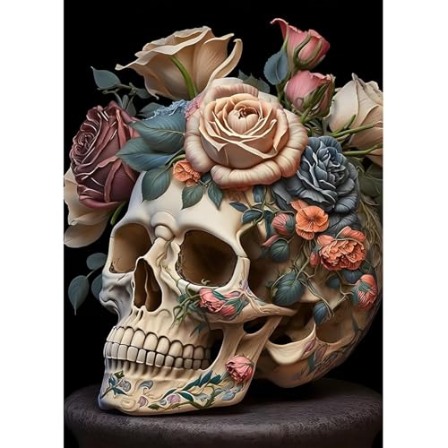 Fumupe 5D Diamond Painting Skeleton Erwachsene Anfänger, Skeleton Blume Diamant Painting Bilder Kunst DIY Runder Vollbohrer Diamant Malerei Stickerei Set Kreuzstich Bilder Home Wand Dekor, 30x40cm von Fumupe