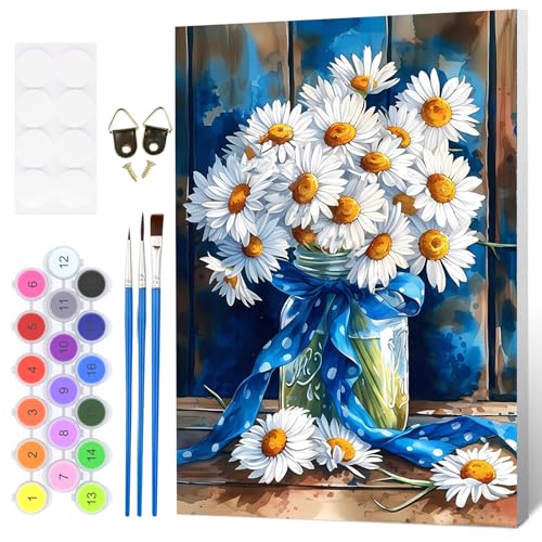 Fumupe Blumen Malen Nach Zahlen Erwachsene mit Rahmen, Malen Nach Zahlen Gänseblümchen, Diy Set Erwachsene mit Pinseln und Acrylfarben Handgemalt Ölgemälde Leinwand für Home Décor, 20x30cm von Fumupe