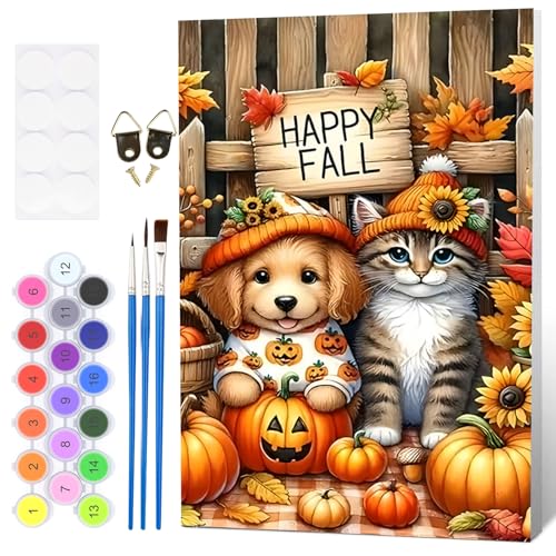 Fumupe Hallo Fall Malen Nach Zahlen Erwachsene mit Rahmen, Katze Hund Malen Nach Zahlen Halloween, Diy Set Erwachsene mit Pinseln und Acrylfarben Handgemalt Ölgemälde Leinwand für Home Décor, 20x30cm von Fumupe