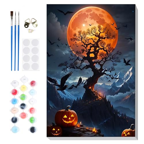 Fumupe Halloween Malen Nach Zahlen Erwachsene mit Rahmen, Malen Nach Zahlen Landschaft, Diy Set Erwachsene mit Pinseln und Acrylfarben Handgemalt Ölgemälde Leinwand für Home Décor, 20x30cm von Fumupe