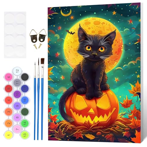 Fumupe Halloween Malen Nach Zahlen Erwachsene mit Rahmen, Malen Nach Zahlen Schwarze Katze, Diy Set Erwachsene mit Pinseln und Acrylfarben Handgemalt Ölgemälde Leinwand für Home Décor, 20x30cm von Fumupe