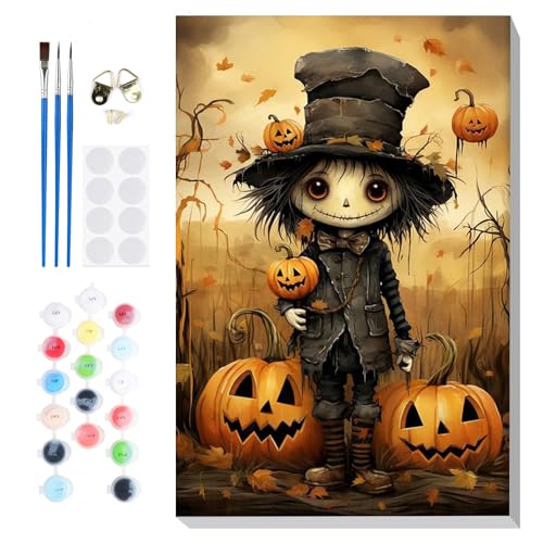 Fumupe Halloween Malen Nach Zahlen Erwachsene mit Rahmen, Malen Nach Zahlen Vogelscheuche, Diy Set Erwachsene mit Pinseln und Acrylfarben Handgemalt Ölgemälde Leinwand für Home Décor, 20x30cm von Fumupe