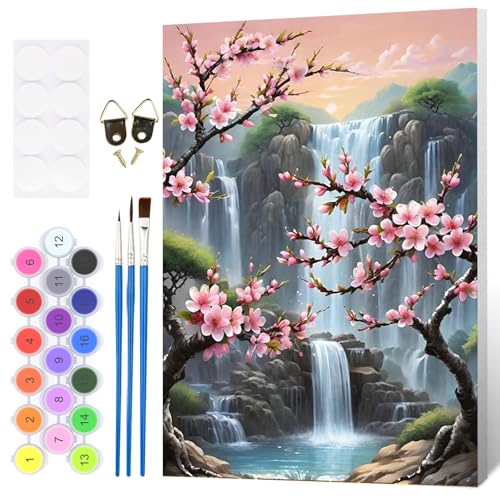 Fumupe Kirschblüten Malen Nach Zahlen Erwachsene mit Rahmen, Malen Nach Zahlen Wasserfall, Diy Set Erwachsene mit Pinseln und Acrylfarben Handgemalt Ölgemälde Leinwand für Home Décor, 20x30cm von Fumupe
