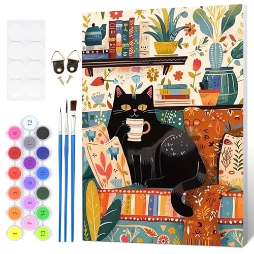 Fumupe Lustige Katze Malen Nach Zahlen Erwachsene mit Rahmen, Malen Nach Zahlen Schwarze Katze, Diy Set Erwachsene mit Pinseln und Acrylfarben Handgemalt Ölgemälde Leinwand für Home Décor, 20x30cm von Fumupe