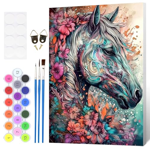 Fumupe Pferd Malen Nach Zahlen Erwachsene mit Rahmen, Blumen Malen Nach Zahlen Tier, Diy Set Erwachsene mit Pinseln und Acrylfarben Handgemalt Ölgemälde Leinwand für Home Décor, 20x30cm von Fumupe