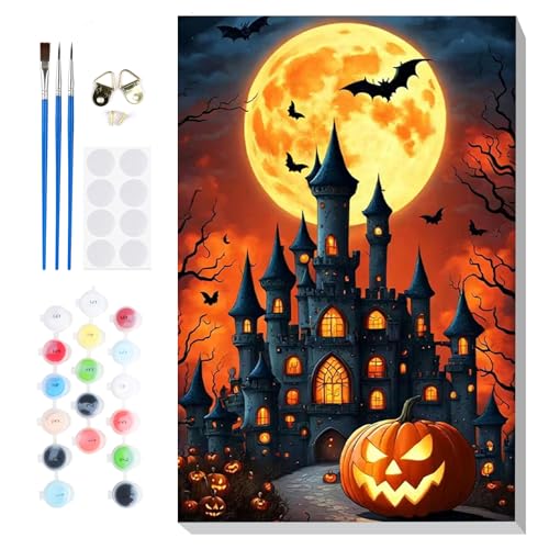 Fumupe Schloss Malen Nach Zahlen Erwachsene mit Rahmen, Malen Nach Zahlen Halloween, Diy Set Erwachsene mit Pinseln und Acrylfarben Handgemalt Ölgemälde Leinwand für Home Décor, 20x30cm von Fumupe