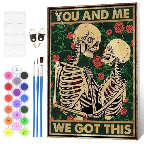 Fumupe Skelett Malen Nach Zahlen Erwachsene mit Rahmen, Totenkopf Malen Nach Zahlen Halloween, Diy Set Erwachsene mit Pinseln und Acrylfarben Handgemalt Ölgemälde Leinwand für Home Décor, 20x30cm von Fumupe