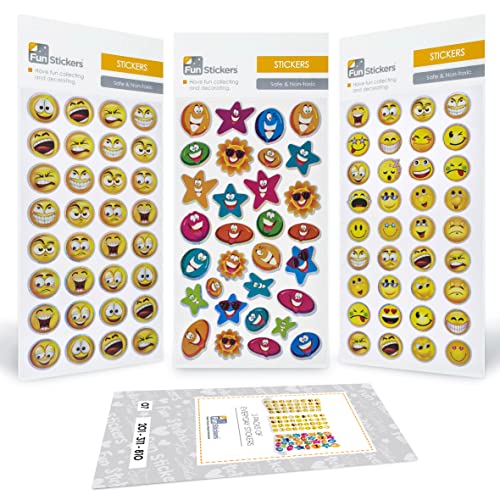 Lächelnde Gesichter und Stern-Emoji-Aufkleber für Kinder, Kleinkinder, Erwachsene, über 90 Aufkleber – 3er-Pack Selbstklebende Aufkleberbögen – Scrapbook-Bastelaktivitäten und Mitgebselfüller von Fun Company