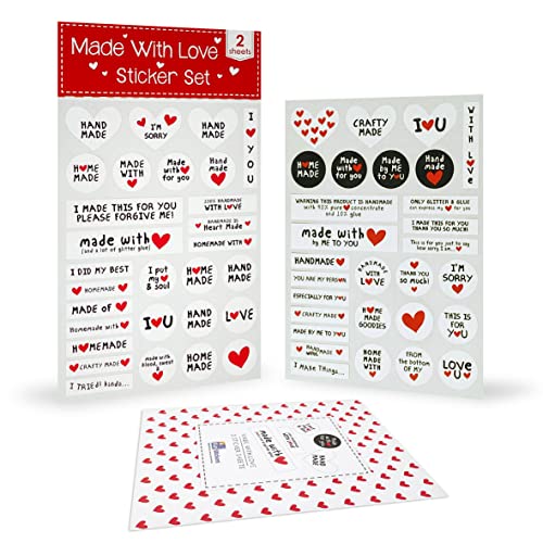 Made With Love Stickers for Children Kids Boys Girls Adults to Decorate Craft Cards Presents Gifts - Self Adhesive Stickers Love Heart, Round & Rectangular - Made With Love Bumper Sticker Set von Fun Company