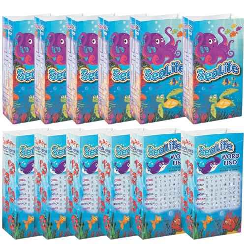Mehrfarbige Sea Life Kinder Ton-beschichtete Papiertüten (13,3 x 8,9 x 25,4 cm), 12 Stück, perfekte Geschenktüten für Geburtstagsfeiern von Fun Express