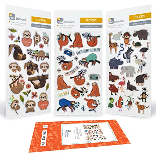Faultier- und Zootier-Aufkleber für Kinder, Kleinkinder, Erwachsene, über 60 Aufkleber – 3er-Pack Selbstklebende Aufkleberbögen – Scrapbook-Bastelaktivitäten und Mitgebselfüller von Fun Stickers