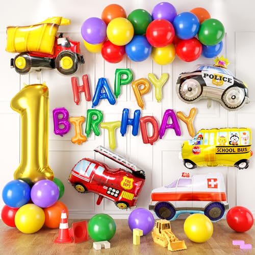 1. Geburtstag Junge, Baustellen Geburtstagdeko Junge 1 Jahre, alles Gute zum Geburtstag Ballons Rot, Gelb, Lila, Blau, Orange, Grün Ballon für Baustelle Geburtstag Deko von FunHot