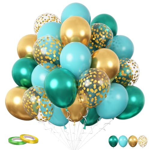 Funhot Blaugrüne Luftballons, 60 Stück Gold Türkis Ballons, 12 Zoll Gold Konfetti Metallic Gold Dunkelgrün Luftballons Blaugrün Weiß Latexballons für Hochzeit Babyparty Geburtstag Party Deko von FunHot