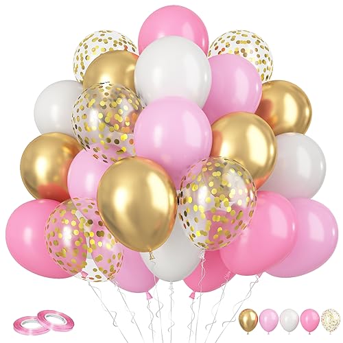 Funhot Gold Rosa Luftballons, 60 Stück Retro Pink Weiße Ballons, 12 Zoll Metallic Goldene Konfetti Ballons Helium Light Pink Latex Ballons für Mädchen Baby Dusche Geburtstags Party Deko von FunHot